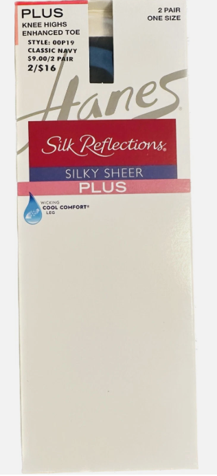 2 Hanes Knee Highs  Silk Reflections Enhanced Toe, Classic Navy, Plus (22 inch)