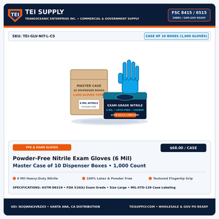 TEI Supply Wholesale Powder-Free Nitrile Exam Gloves 6 Mil Case of 10 Boxes (1,000 Gloves) - FSC 8415 / 6515