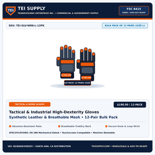 TEI Supply Wholesale Tactical & Industrial High-Dexterity Work Gloves Bulk Pack of 12 Pairs - FSC 8415