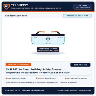 TEI Supply Wholesale ANSI Z87.1 Clear Anti-Fog Wraparound Safety Glasses Case of 144 Pairs - FSC 4240