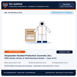 TEI Supply Wholesale Disposable Hooded Protective Coveralls Case of 25 - FSC 8415