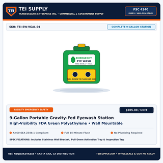 TEI Supply Wholesale 9-Gallon Portable Gravity-Fed Emergency Eye & Face Wash Station - FSC 4240