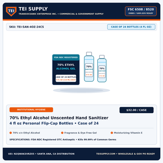 TEI Supply Wholesale 70% Ethyl Alcohol Unscented Hand Sanitizer Gel 4 fl oz Case of 24 - FSC 6508 / 8520