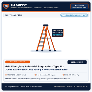 TEI Supply Wholesale 6-Ft Fiberglass Stepladder Type IA Heavy Duty 300 lb Capacity - FSC 5440