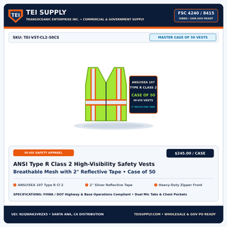 Wholesale ANSI Type R Class 2 High-Visibility Reflective Safety Vests (Case of 50) — TEI Supply